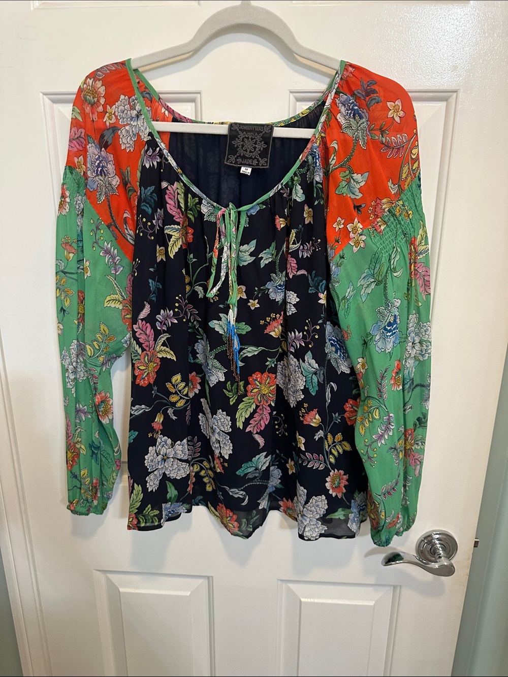 Johnny Was Floral Peasant Blouse in Black, Green & Coral